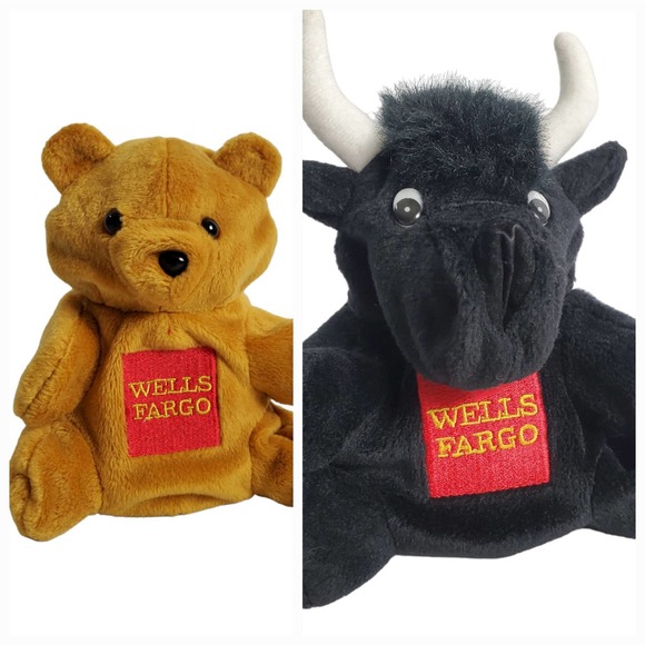 Wells Fargo Bull Bear Plush Hand Puppet 2 In 1 Brown Black 8" Stuffed Animal - Picture 1 of 8